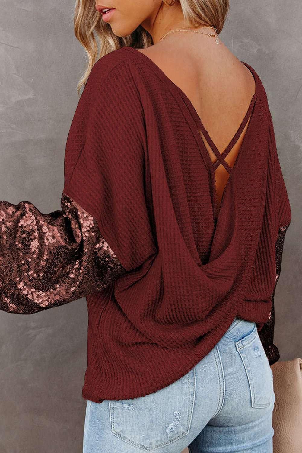 Sequin Waffle - Knit Blouse - VILLA FASHION
