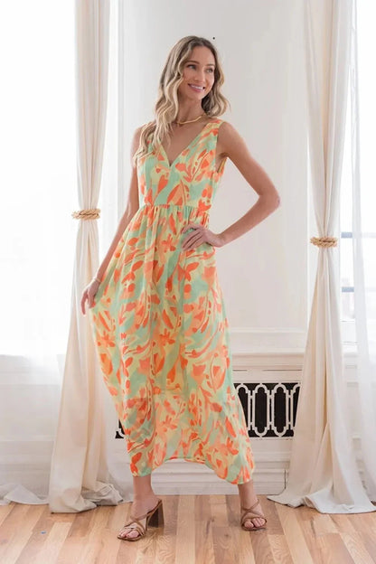 Sew In Love Printed V - Neck Sleeveless Dress - VILLA FASHION