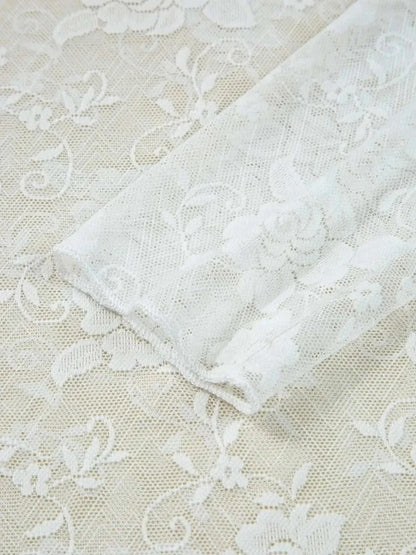 Sheer Floral Lace Mesh Mock Neck Long Sleeve Top - VILLA FASHION