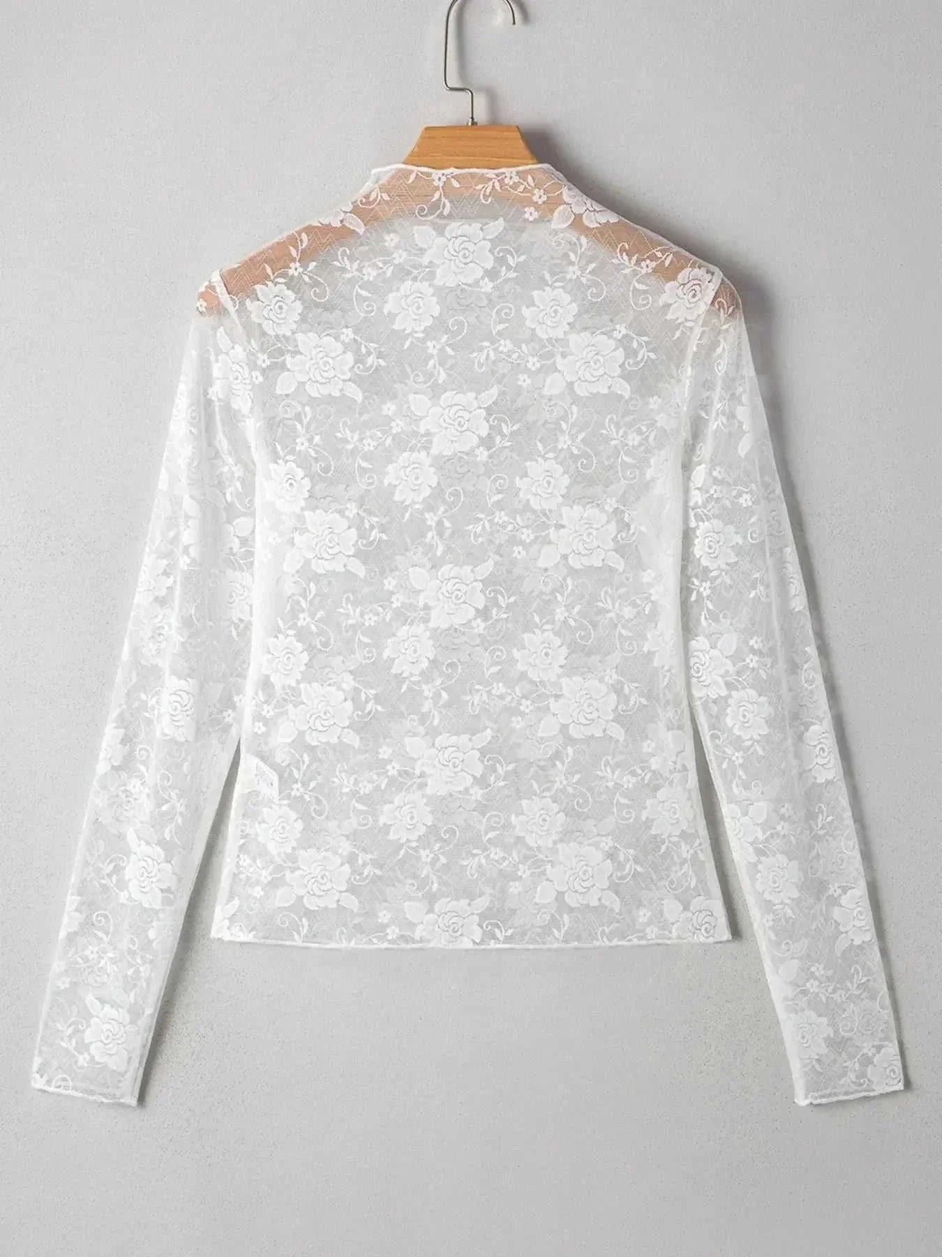 Sheer Floral Lace Mesh Mock Neck Long Sleeve Top - VILLA FASHION