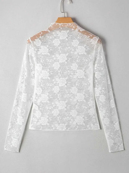 Sheer Floral Lace Mesh Mock Neck Long Sleeve Top - VILLA FASHION