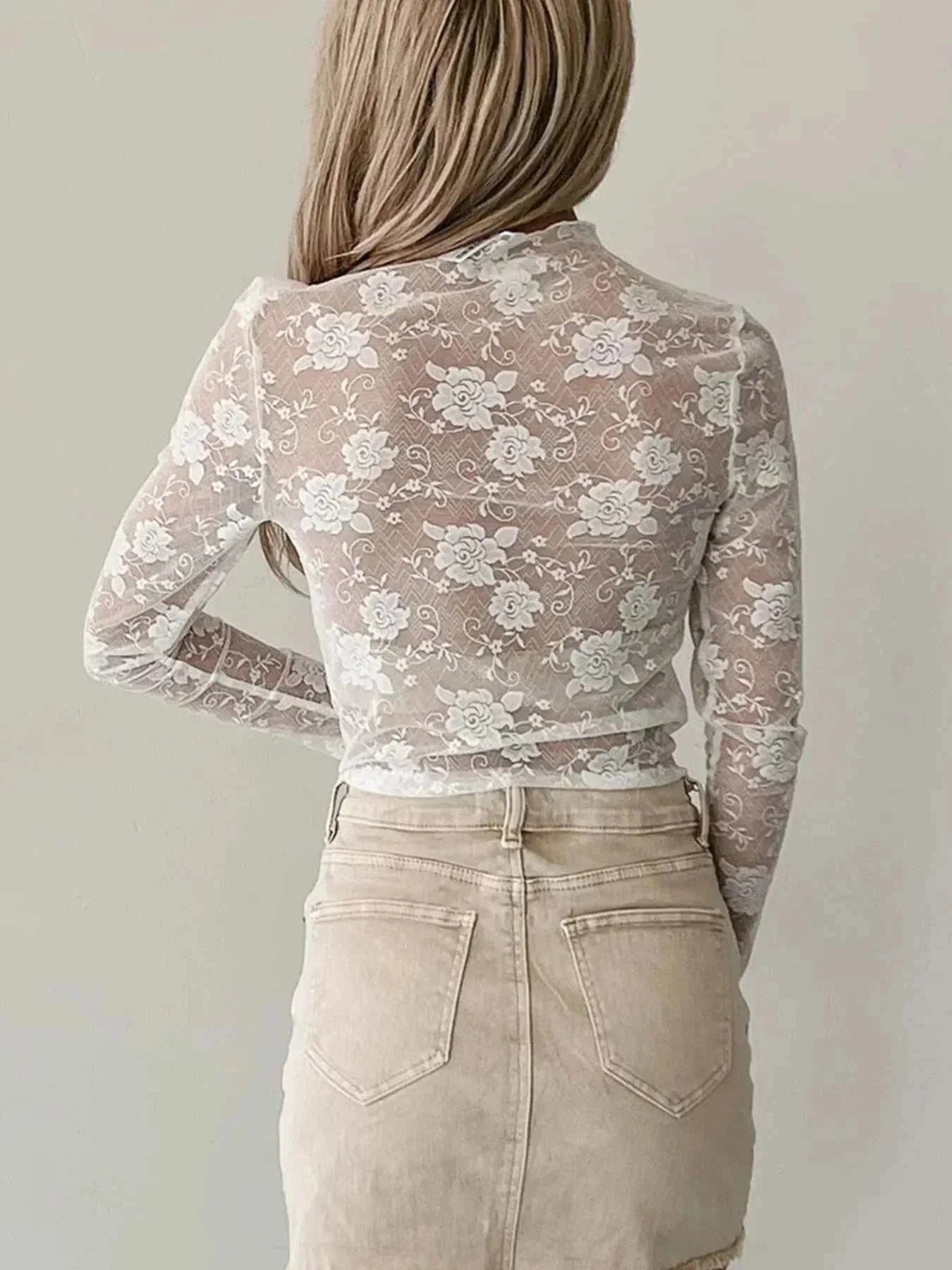 Sheer Floral Lace Mesh Mock Neck Long Sleeve Top - VILLA FASHION