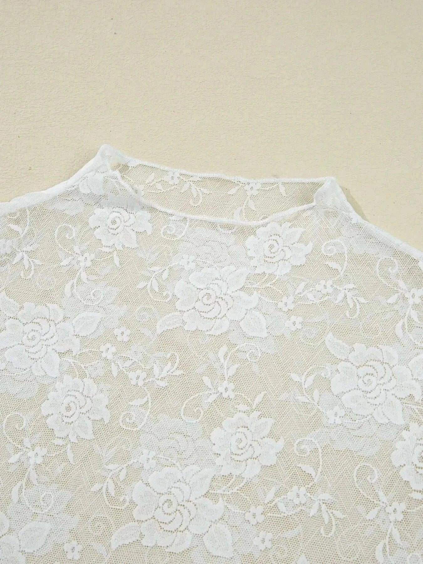 Sheer Floral Lace Mesh Mock Neck Long Sleeve Top - VILLA FASHION