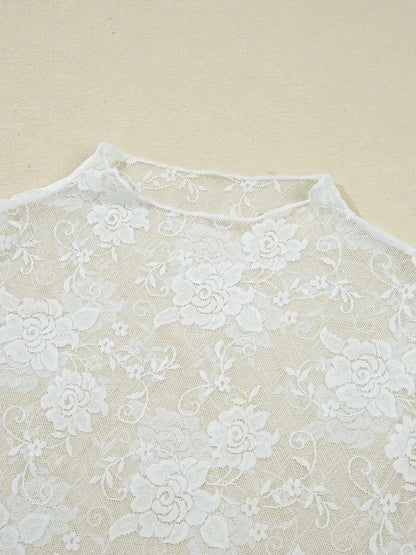 Sheer Floral Lace Mesh Mock Neck Long Sleeve Top - VILLA FASHION