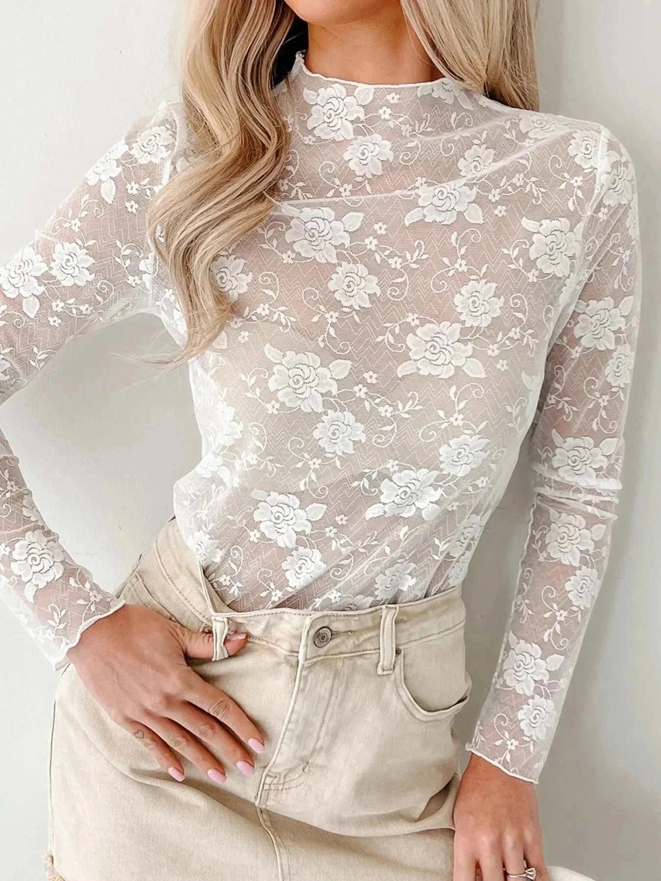 Sheer Floral Lace Mesh Mock Neck Long Sleeve Top - VILLA FASHION