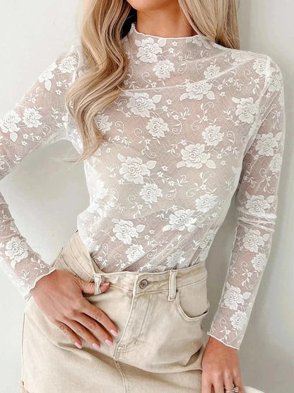 Sheer Floral Lace Mesh Mock Neck Long Sleeve Top - VILLA FASHION