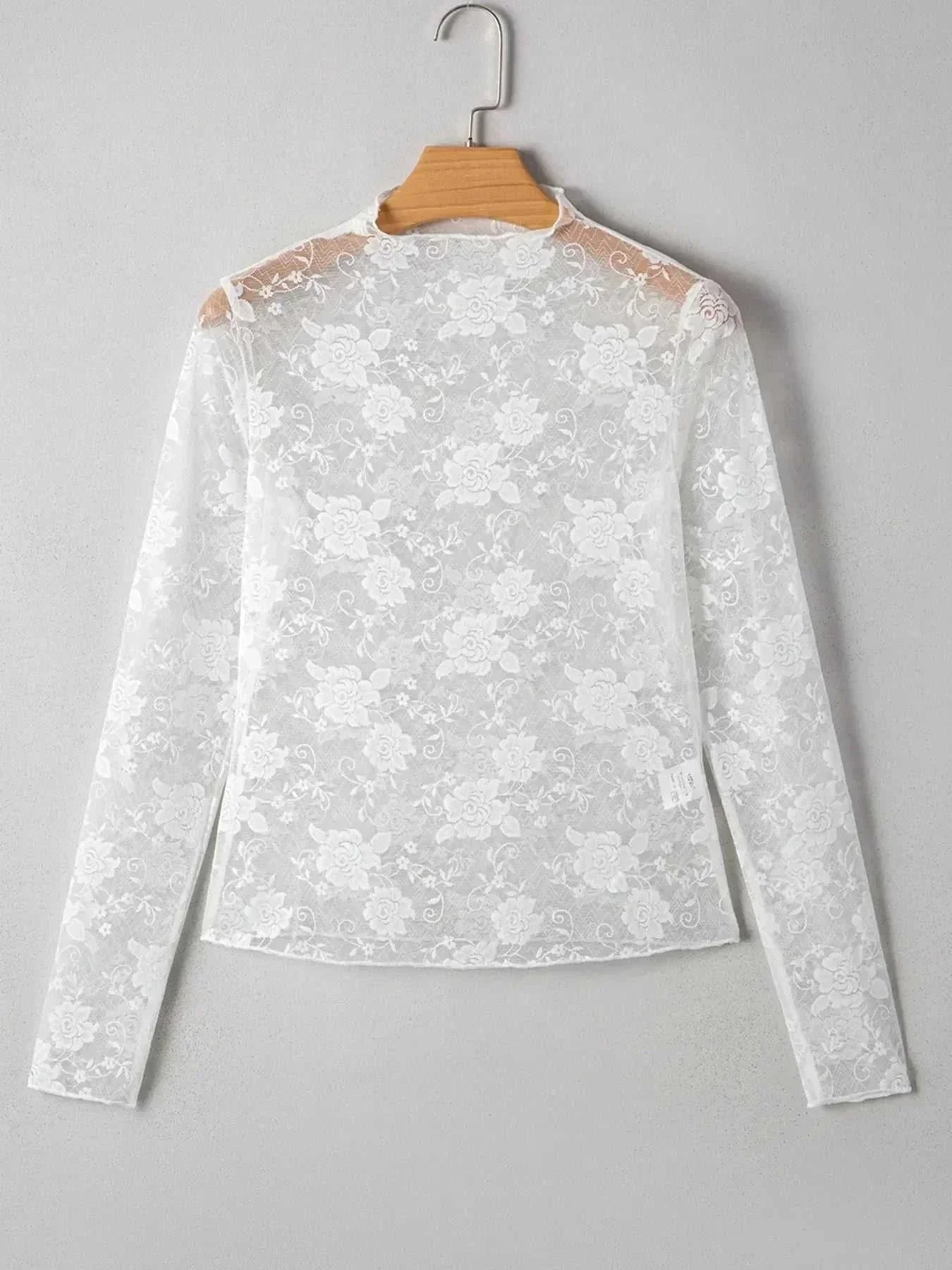 Sheer Floral Lace Mesh Mock Neck Long Sleeve Top - VILLA FASHION