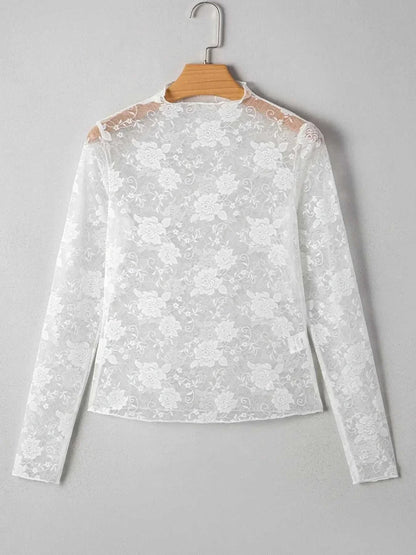 Sheer Floral Lace Mesh Mock Neck Long Sleeve Top - VILLA FASHION