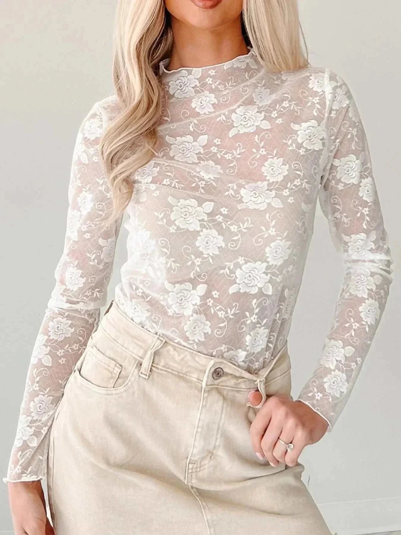 Sheer Floral Lace Mesh Mock Neck Long Sleeve Top - VILLA FASHION