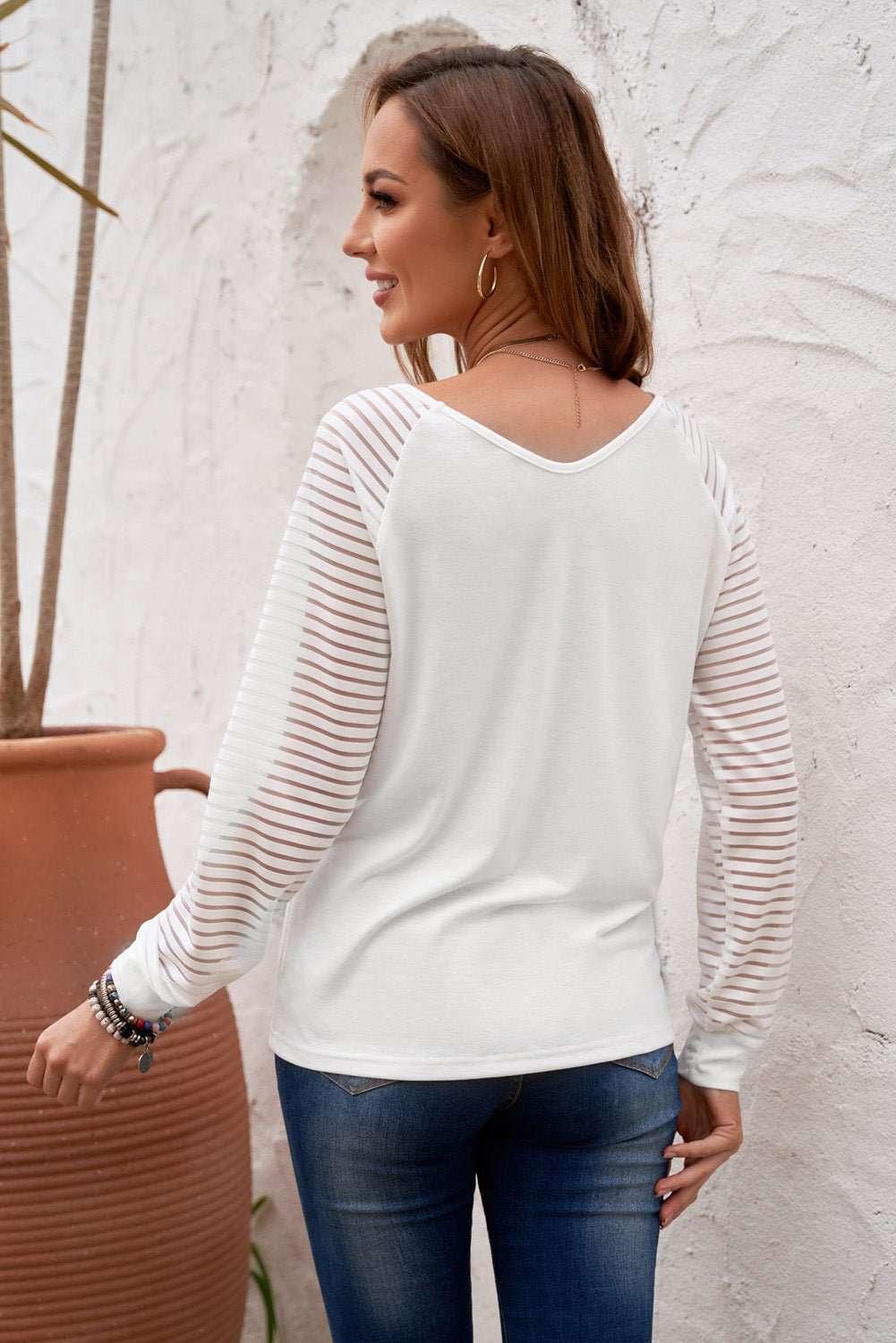 Sheer Striped V - Neck Top - VILLA FASHION
