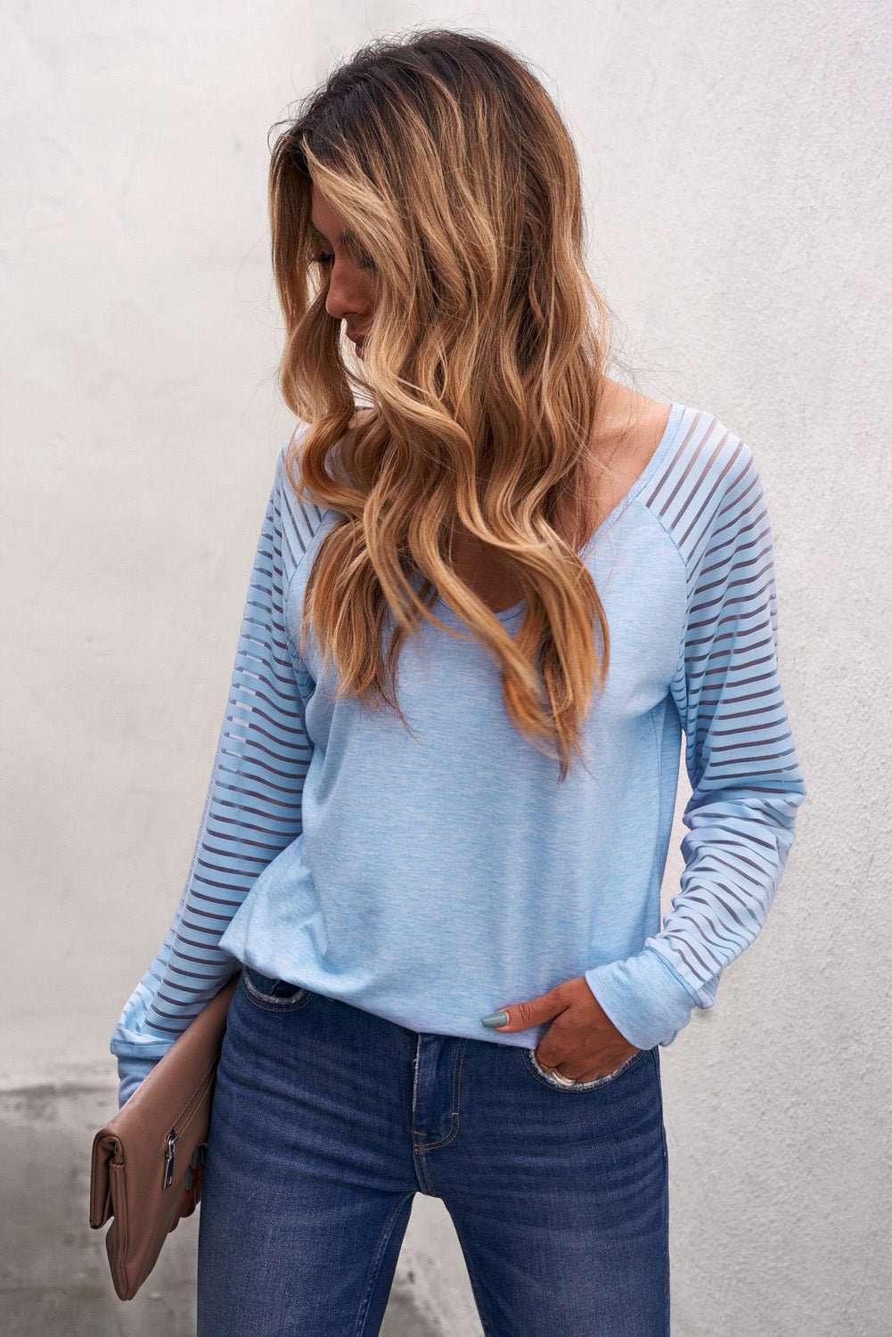 Sheer Striped V - Neck Top - VILLA FASHION