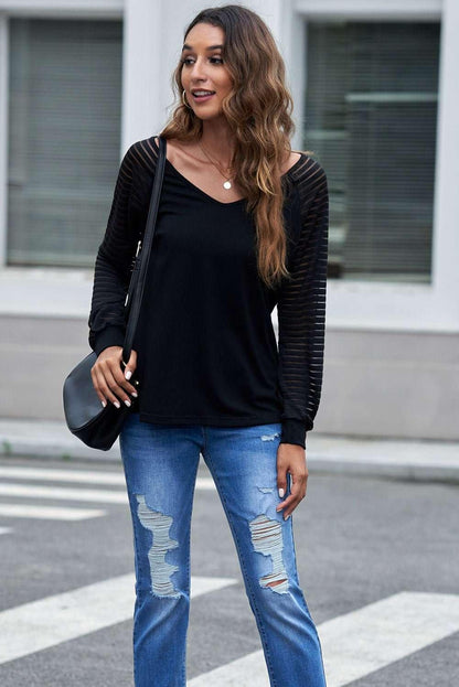 Sheer Striped V - Neck Top - VILLA FASHION