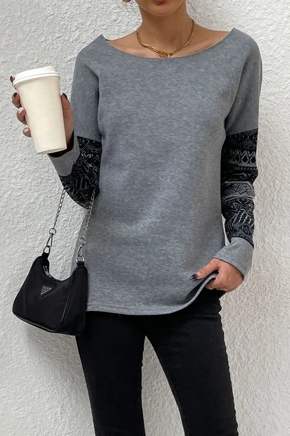 Shiny Boat Neck Long Printed Sleeve Blouse - VILLA FASHION