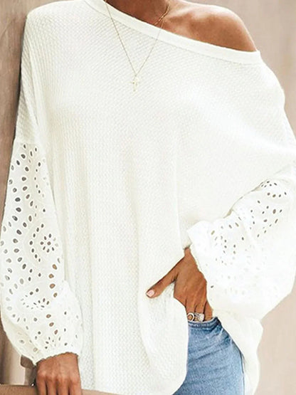 Shiny Openwork Dropped Shoulder Boat Neck Blouse - VILLA FASHION