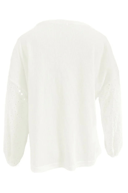 Shiny Openwork Dropped Shoulder Boat Neck Blouse - VILLA FASHION