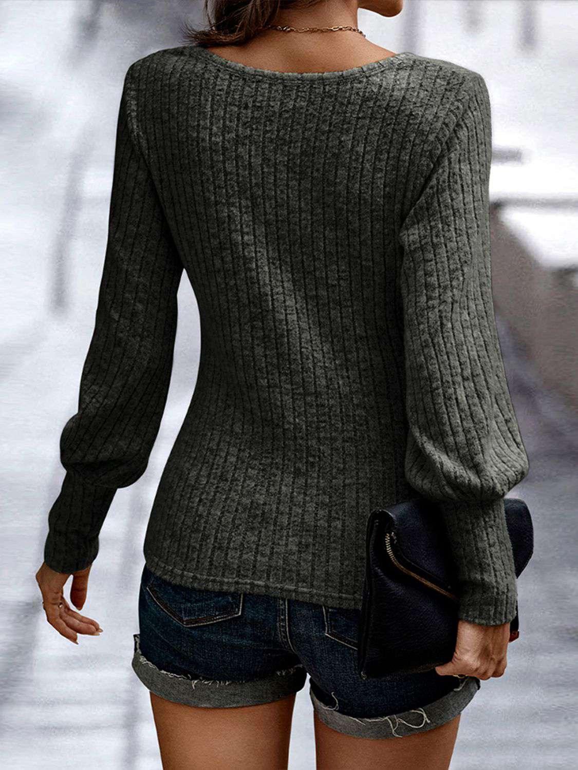 Shiny Ribbed Round Neck Long Sleeve Blouse - VILLA FASHION