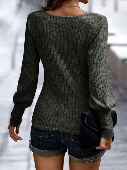 Shiny Ribbed Round Neck Long Sleeve Blouse - VILLA FASHION