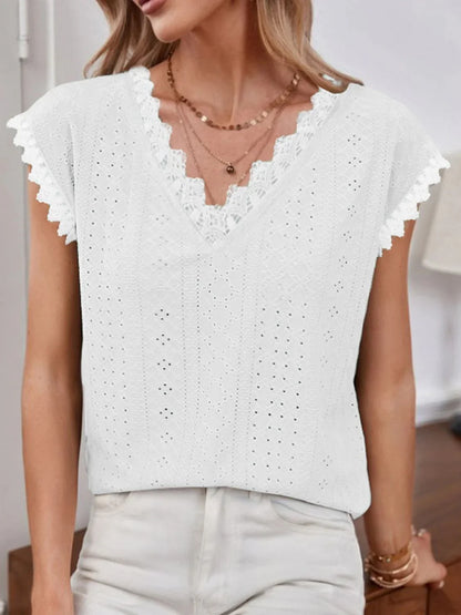 Shiny V - Neck Eyelet Short Sleeve Top - VILLA FASHION