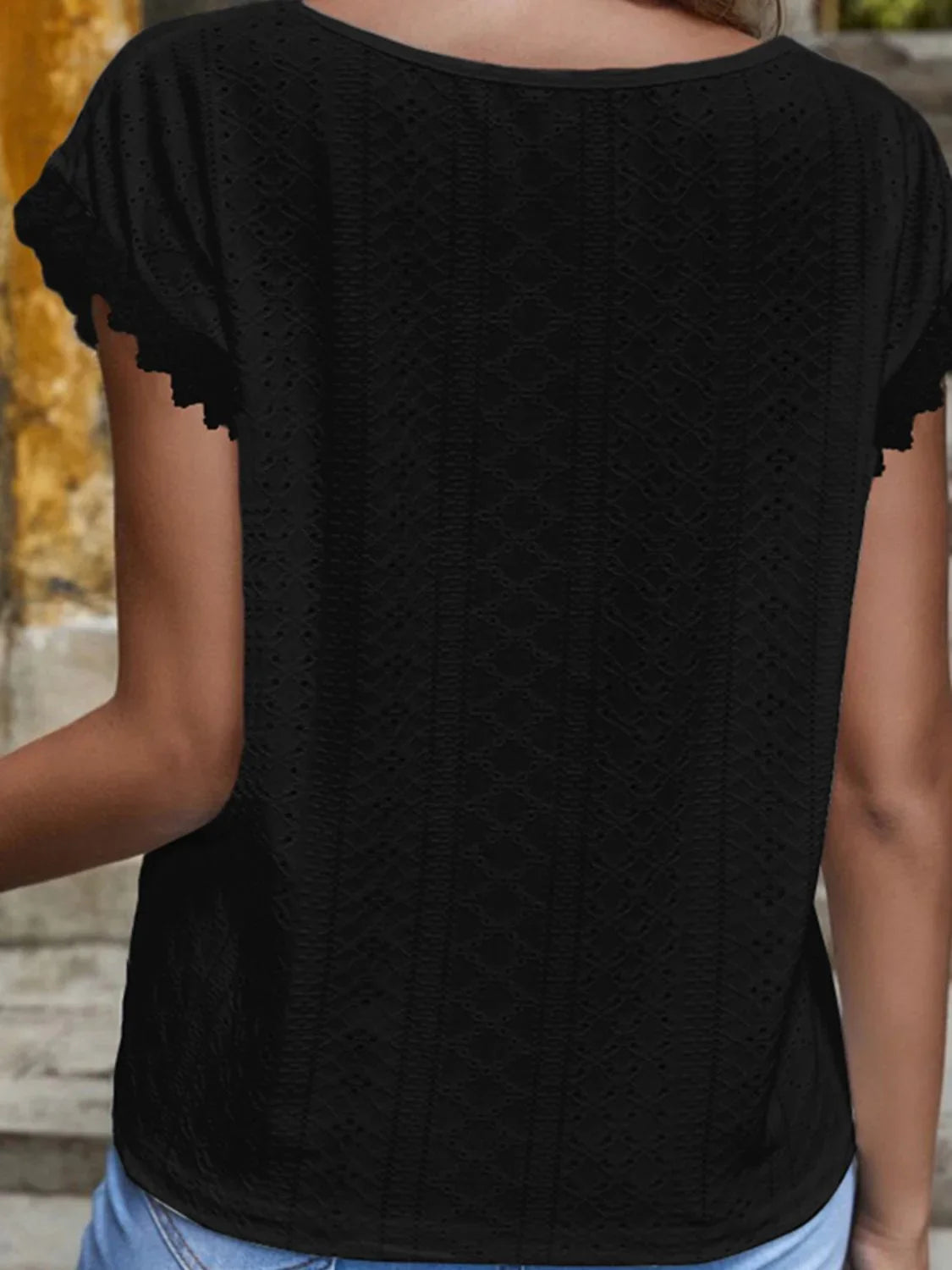 Shiny V - Neck Eyelet Short Sleeve Top - VILLA FASHION