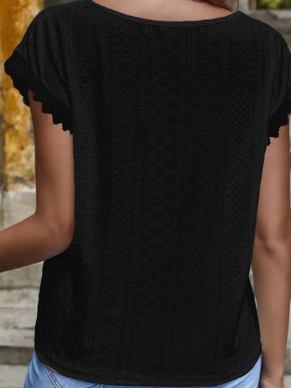 Shiny V - Neck Eyelet Short Sleeve Top - VILLA FASHION