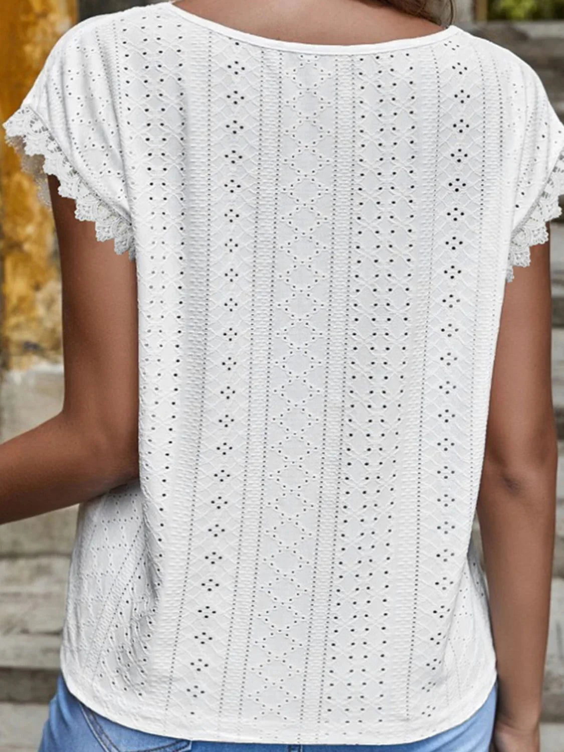 Shiny V - Neck Eyelet Short Sleeve Top - VILLA FASHION