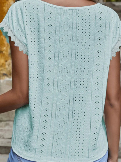 Shiny V - Neck Eyelet Short Sleeve Top - VILLA FASHION