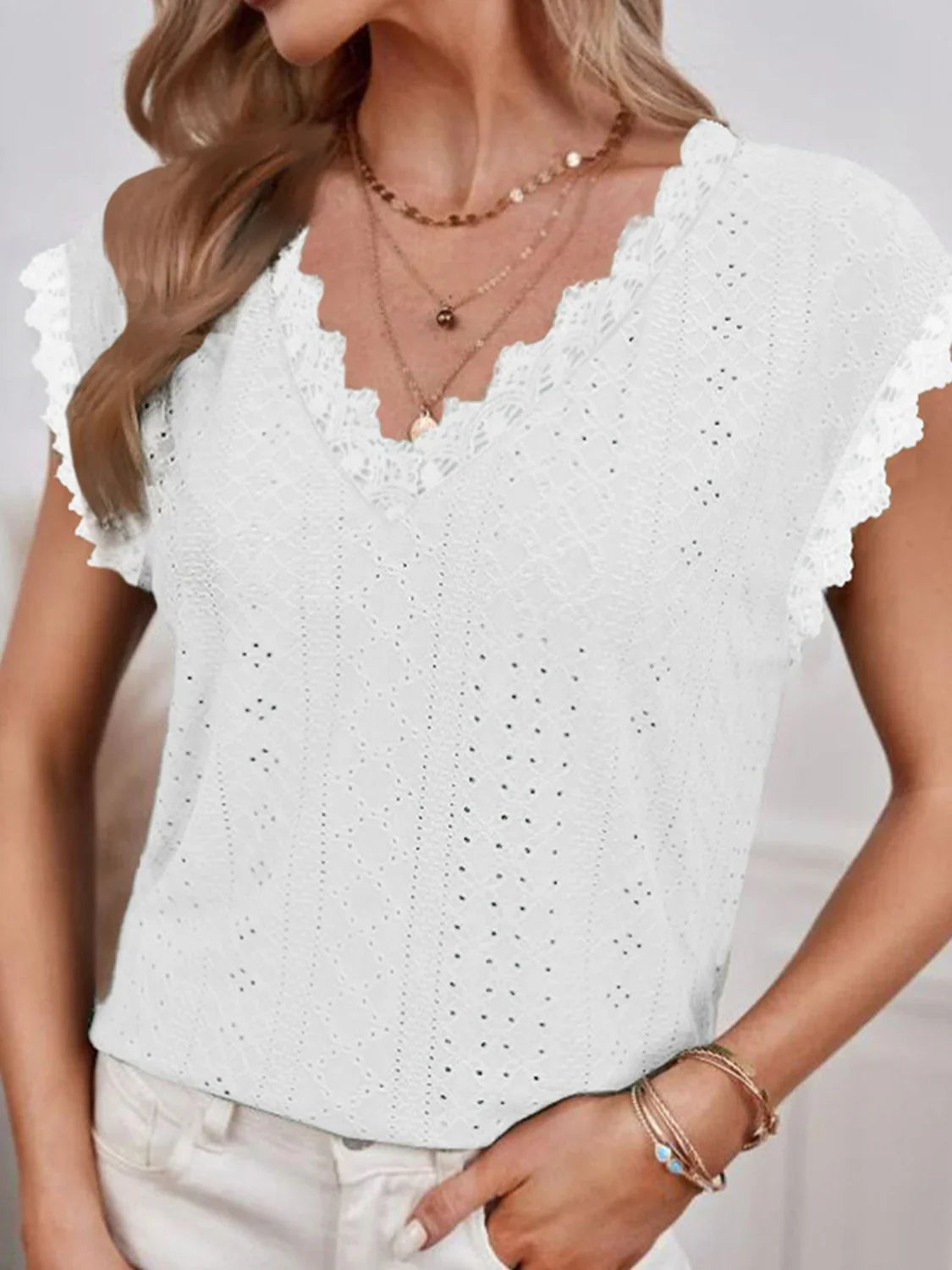 Shiny V - Neck Eyelet Short Sleeve Top - VILLA FASHION