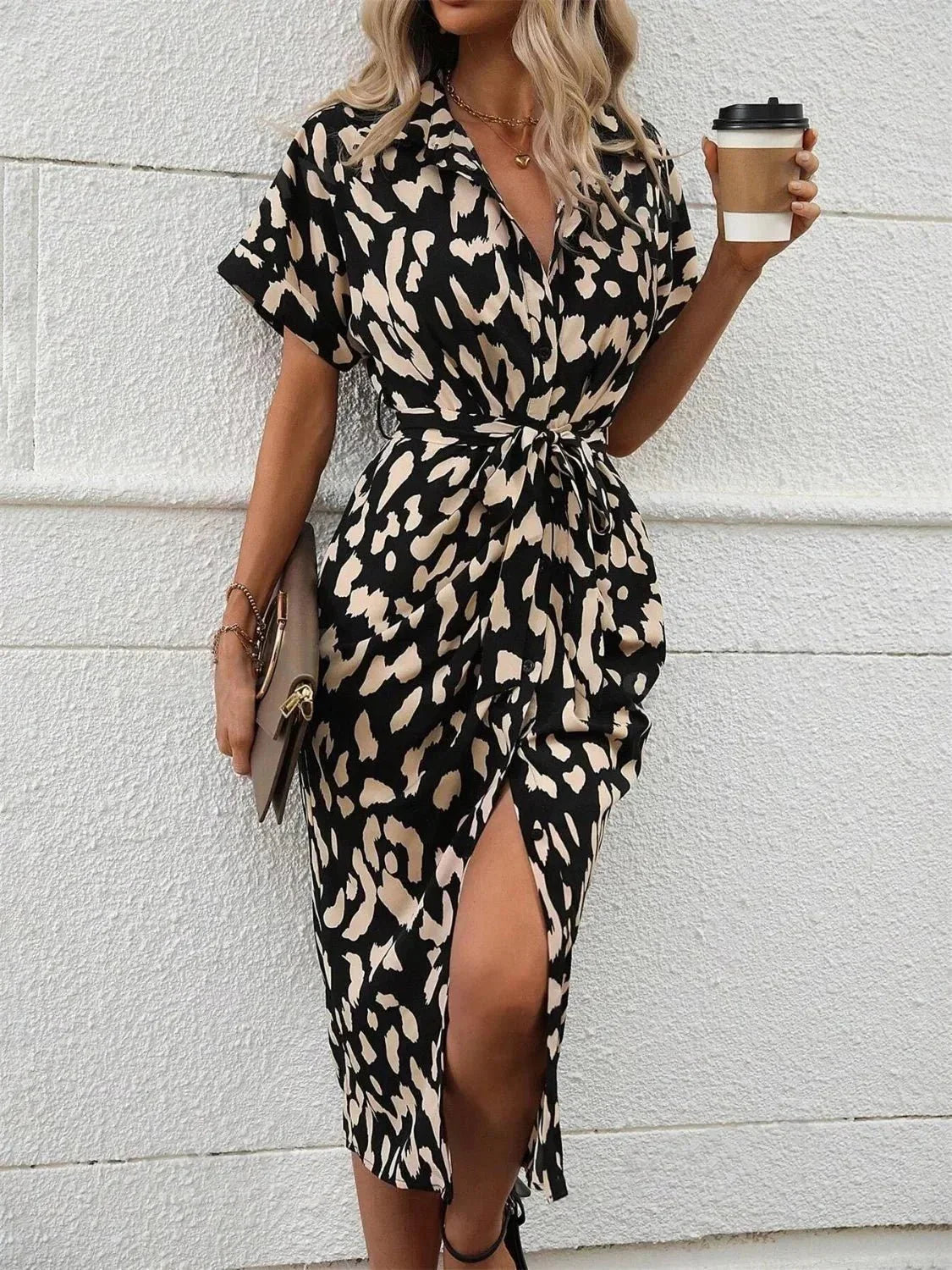 Short Sleeve Tie Waist Dress - VILLA FASHION