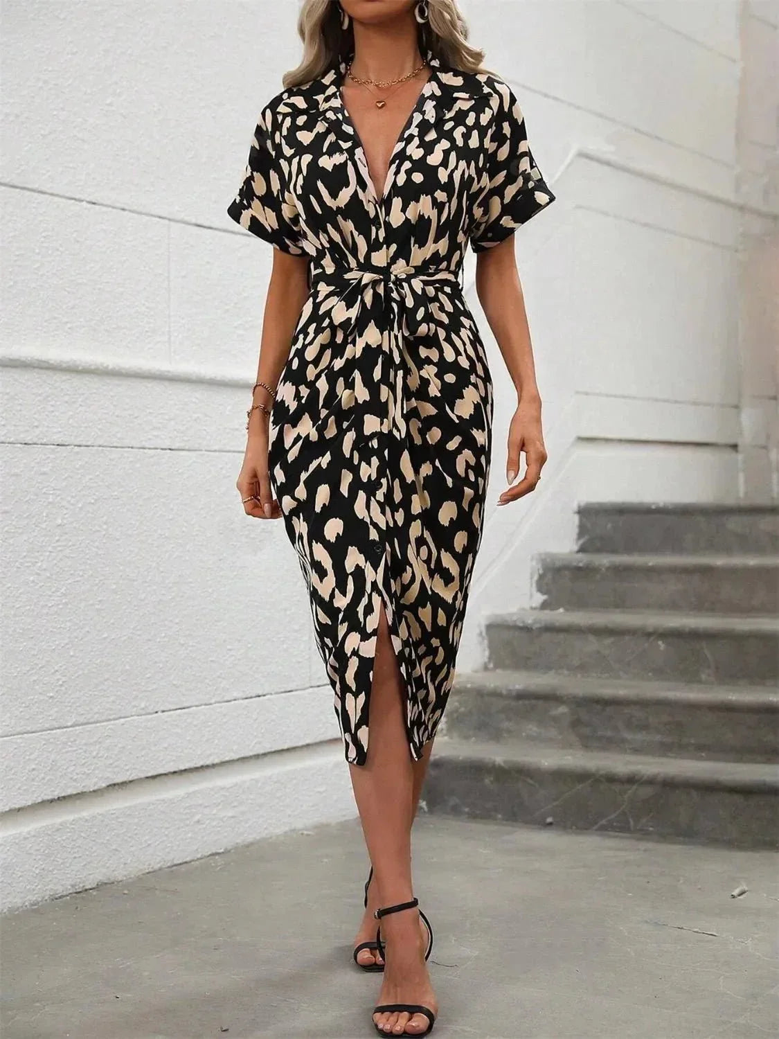 Short Sleeve Tie Waist Dress - VILLA FASHION