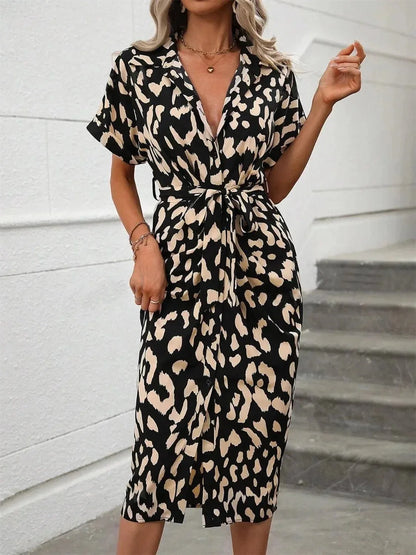 Short Sleeve Tie Waist Dress - VILLA FASHION