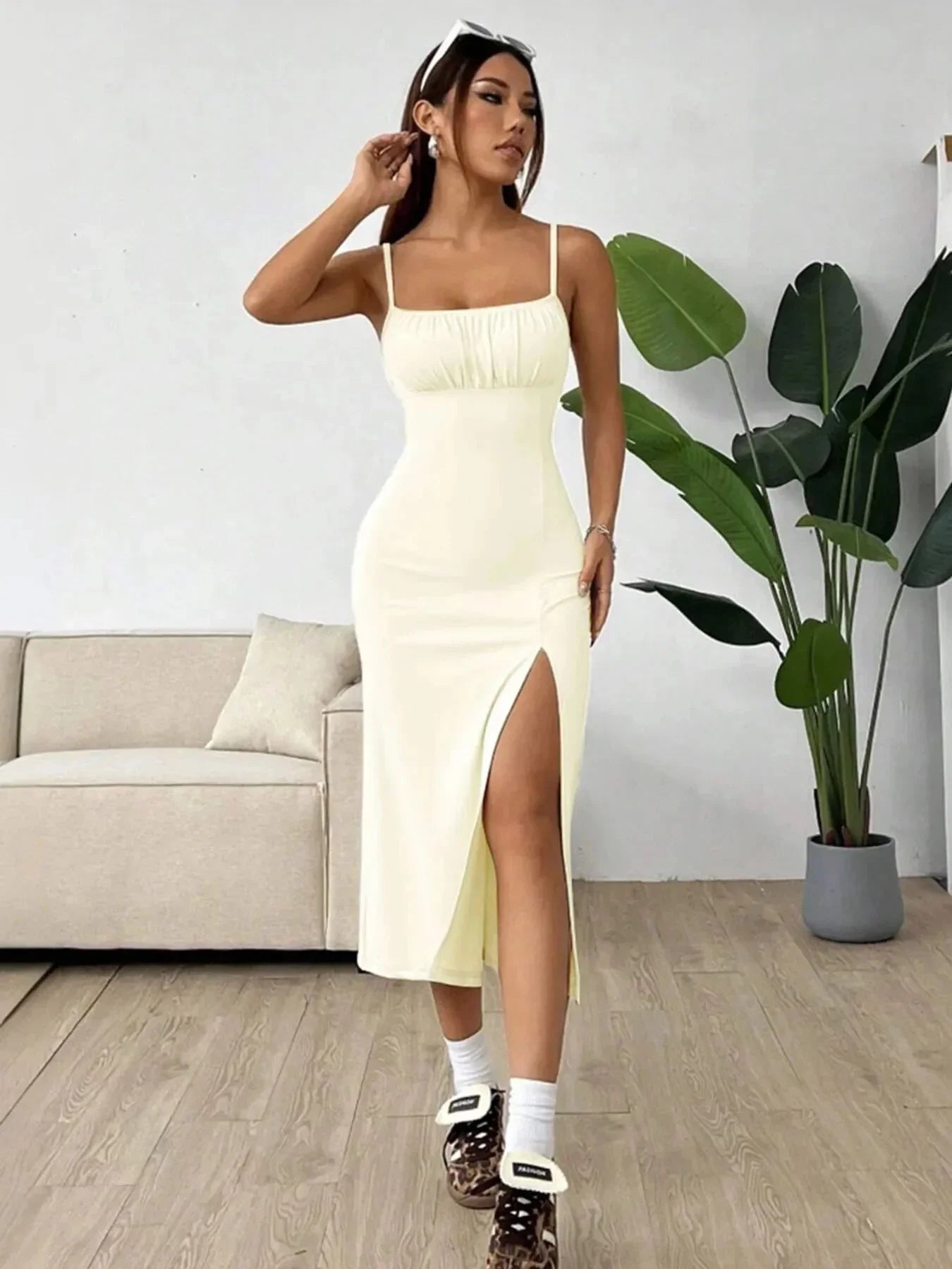 Slit Bodice Midi Cami Dress - VILLA FASHION