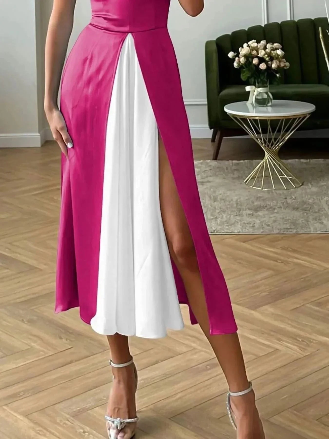 Slit Contrast Sweetheart Neck Midi Dress - VILLA FASHION