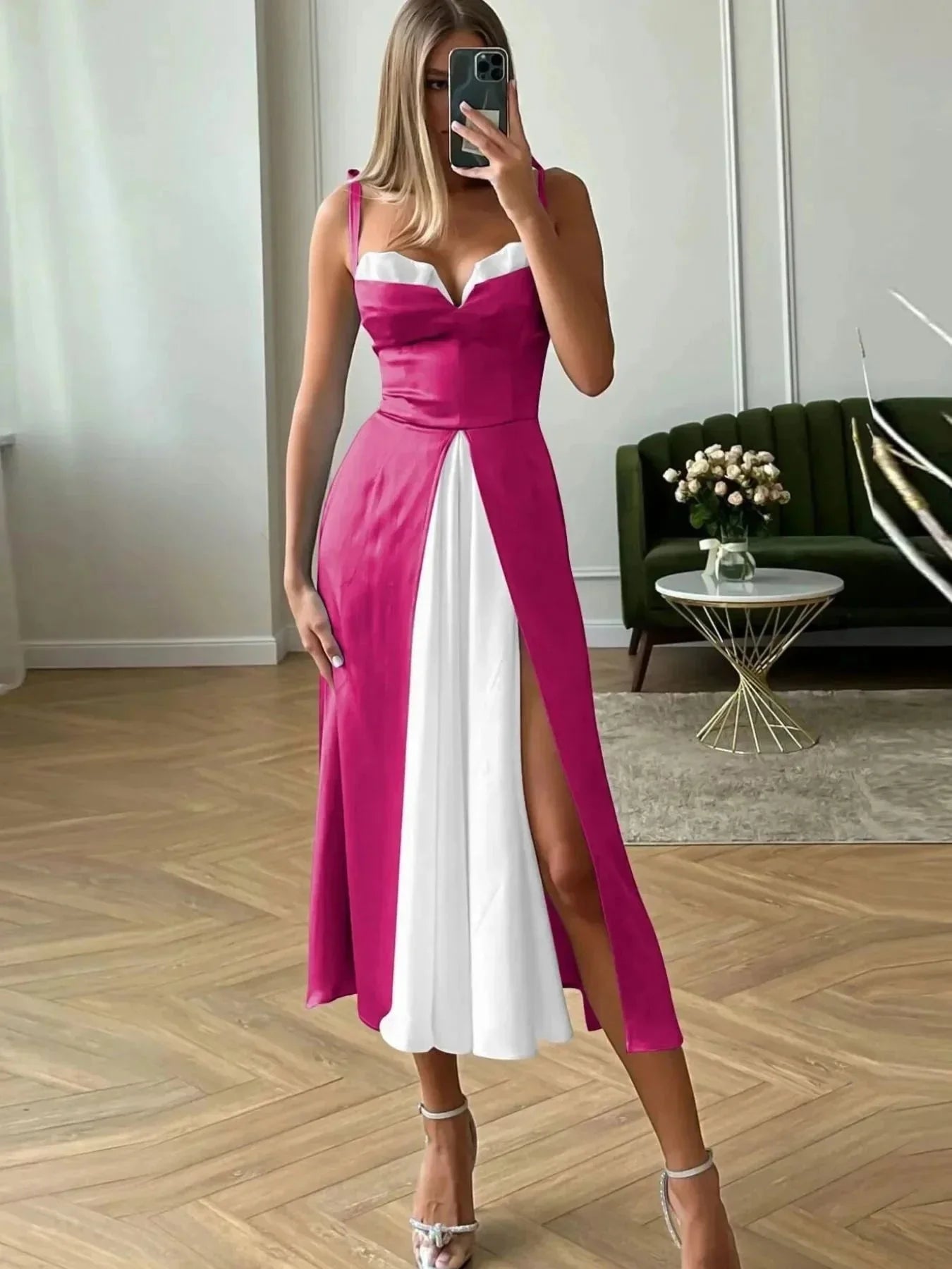 Slit Contrast Sweetheart Neck Midi Dress - VILLA FASHION