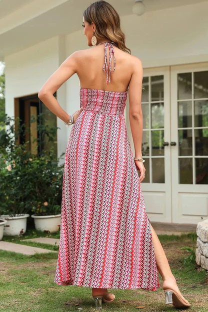 Slit Printed Halter Neck Dress - VILLA FASHION