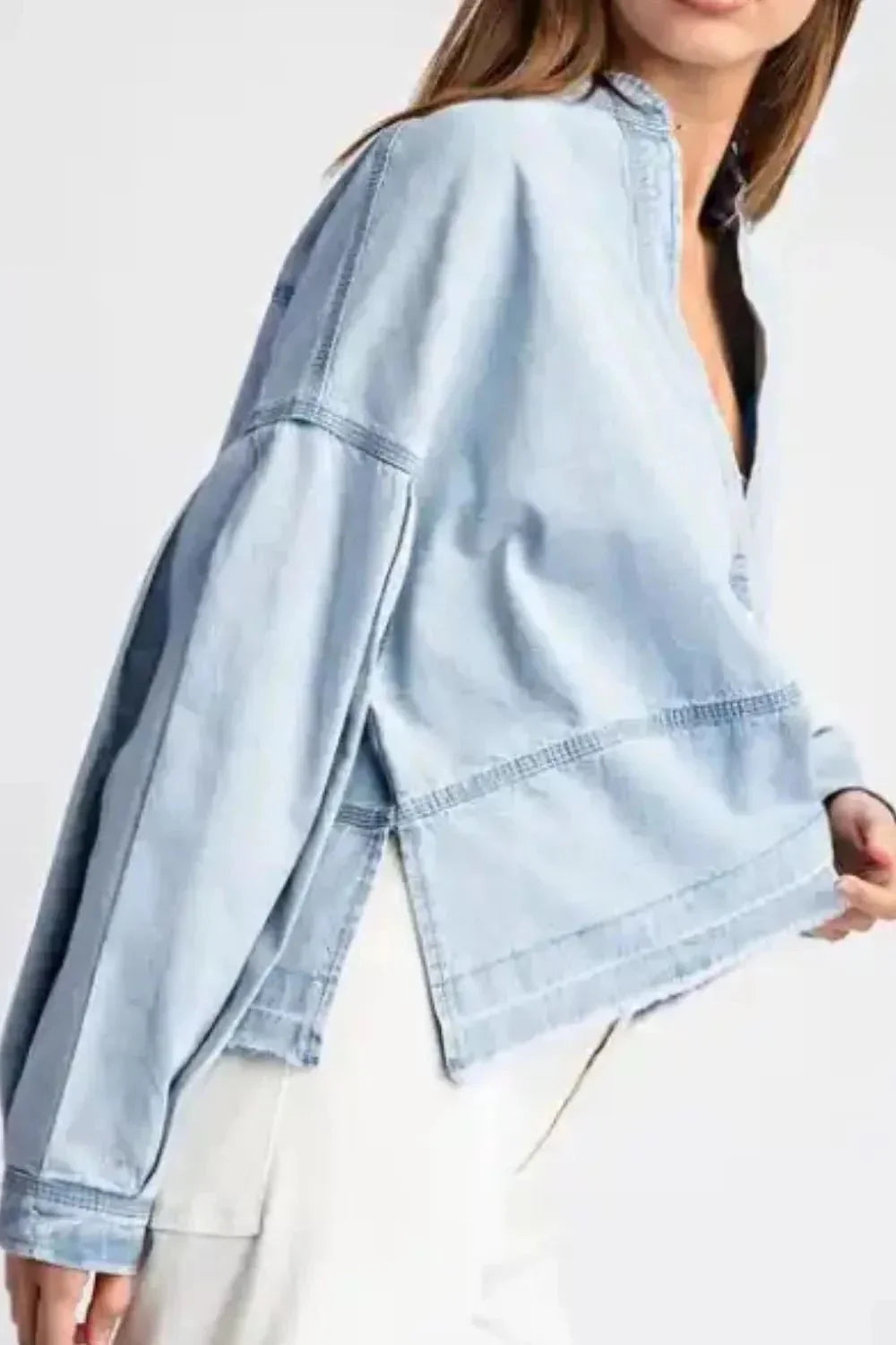 Slit Raw Hem Notched Denim Top - VILLA FASHION