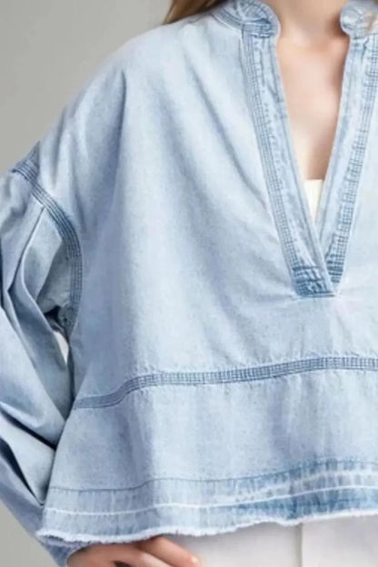 Slit Raw Hem Notched Denim Top - VILLA FASHION