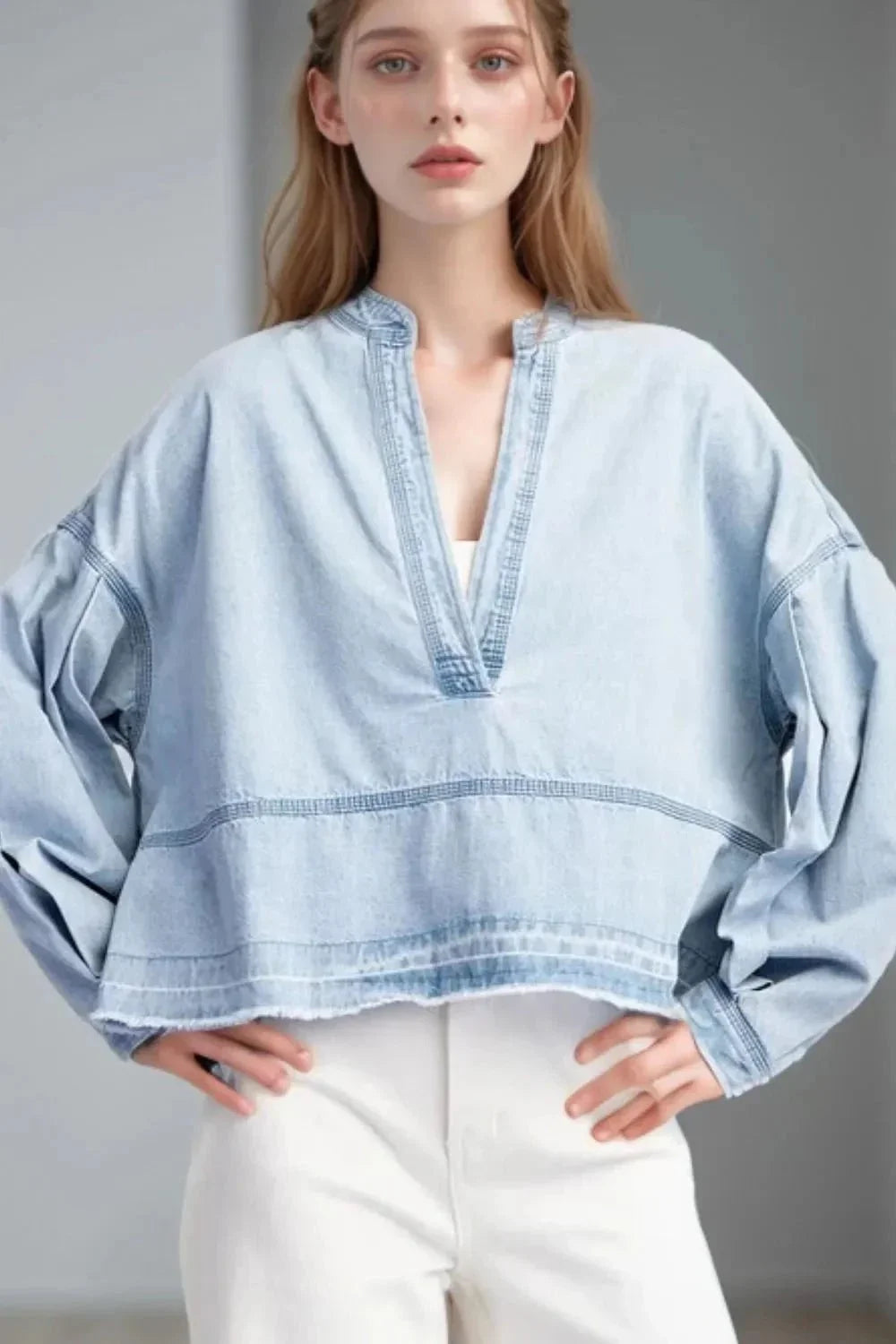 Slit Raw Hem Notched Denim Top - VILLA FASHION