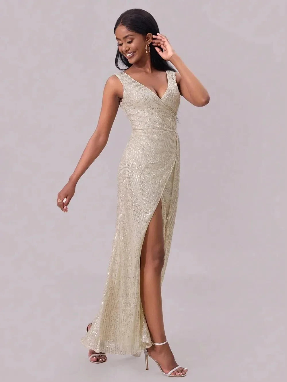 Slit Sequin Surplice Sleeveless Maxi Dress - VILLA FASHION