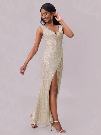 Slit Sequin Surplice Sleeveless Maxi Dress - VILLA FASHION