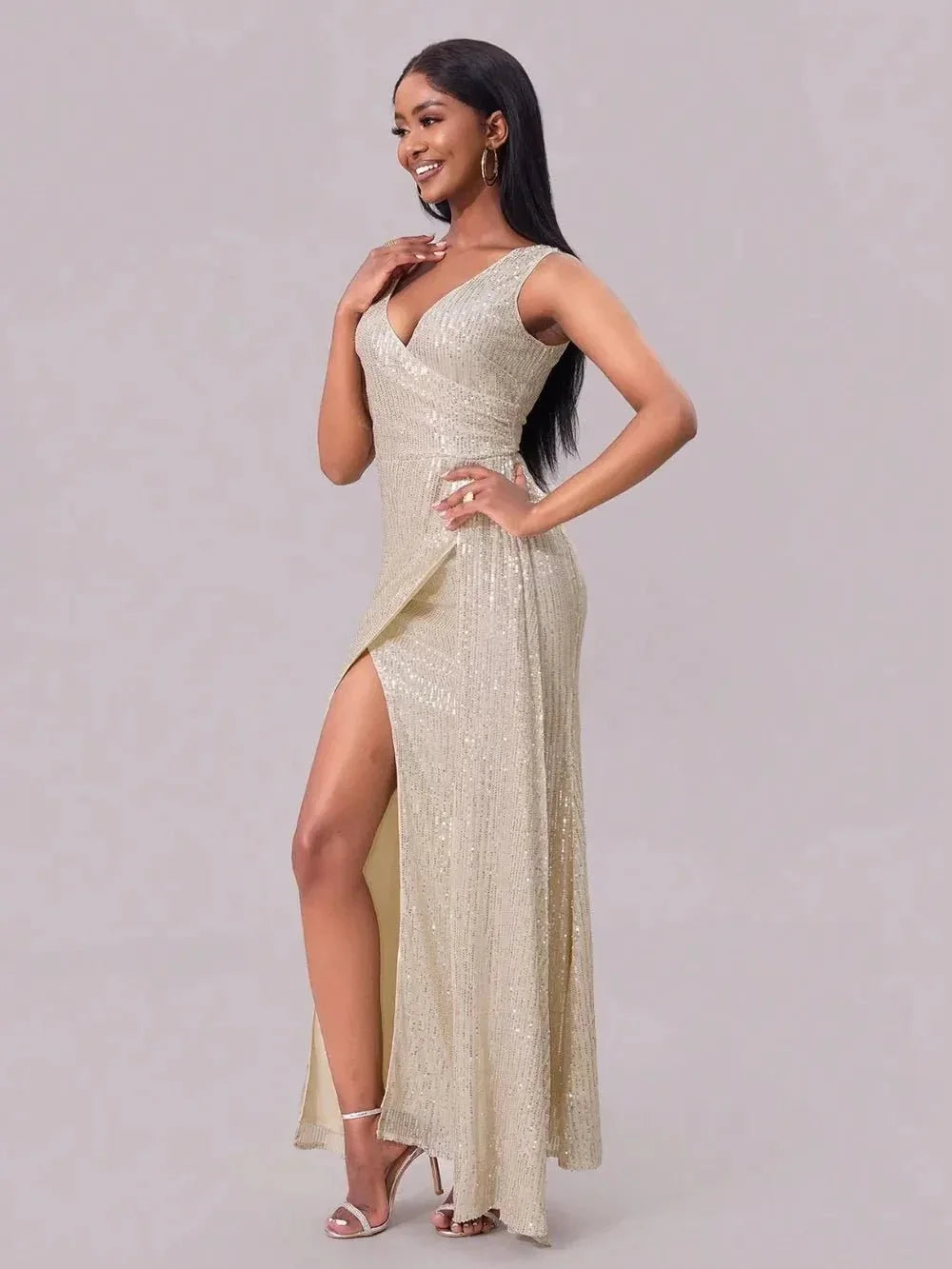 Slit Sequin Surplice Sleeveless Maxi Dress - VILLA FASHION