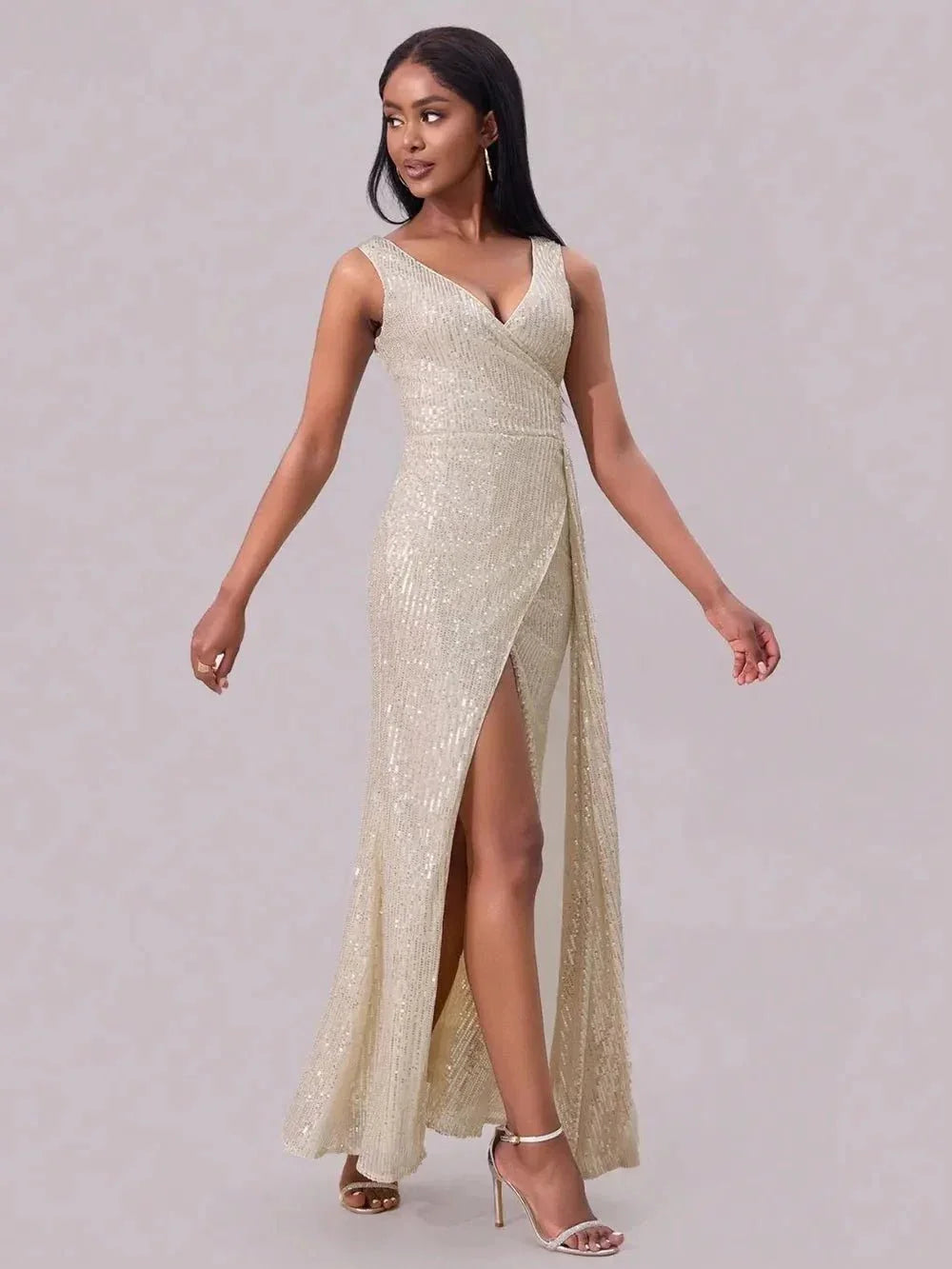 Slit Sequin Surplice Sleeveless Maxi Dress - VILLA FASHION