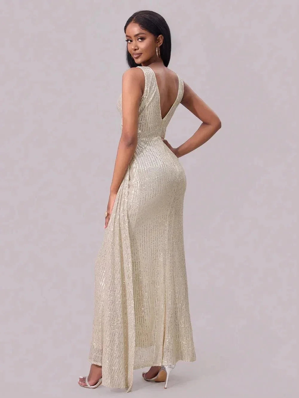 Slit Sequin Surplice Sleeveless Maxi Dress - VILLA FASHION