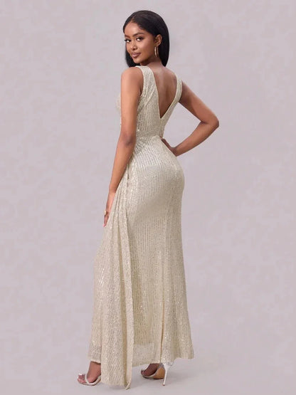 Slit Sequin Surplice Sleeveless Maxi Dress - VILLA FASHION