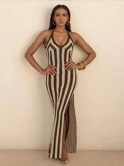 Slit Striped Halter Neck Dress - VILLA FASHION