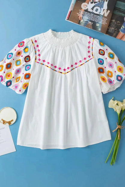 Smocked Neck Embroidered Puff Sleeve Top - VILLA FASHION
