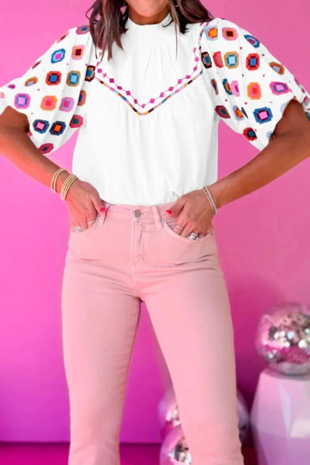 Smocked Neck Embroidered Puff Sleeve Top - VILLA FASHION