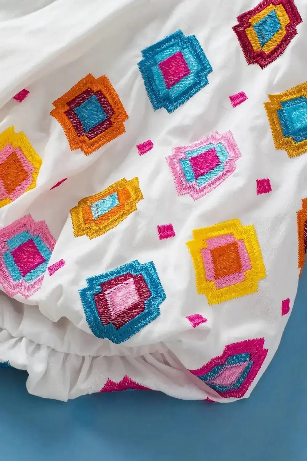 Smocked Neck Embroidered Puff Sleeve Top - VILLA FASHION