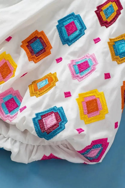 Smocked Neck Embroidered Puff Sleeve Top - VILLA FASHION