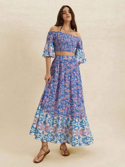 Smocked Off - Shoulder Printed Top and Skirt Set - VILLA FASHION