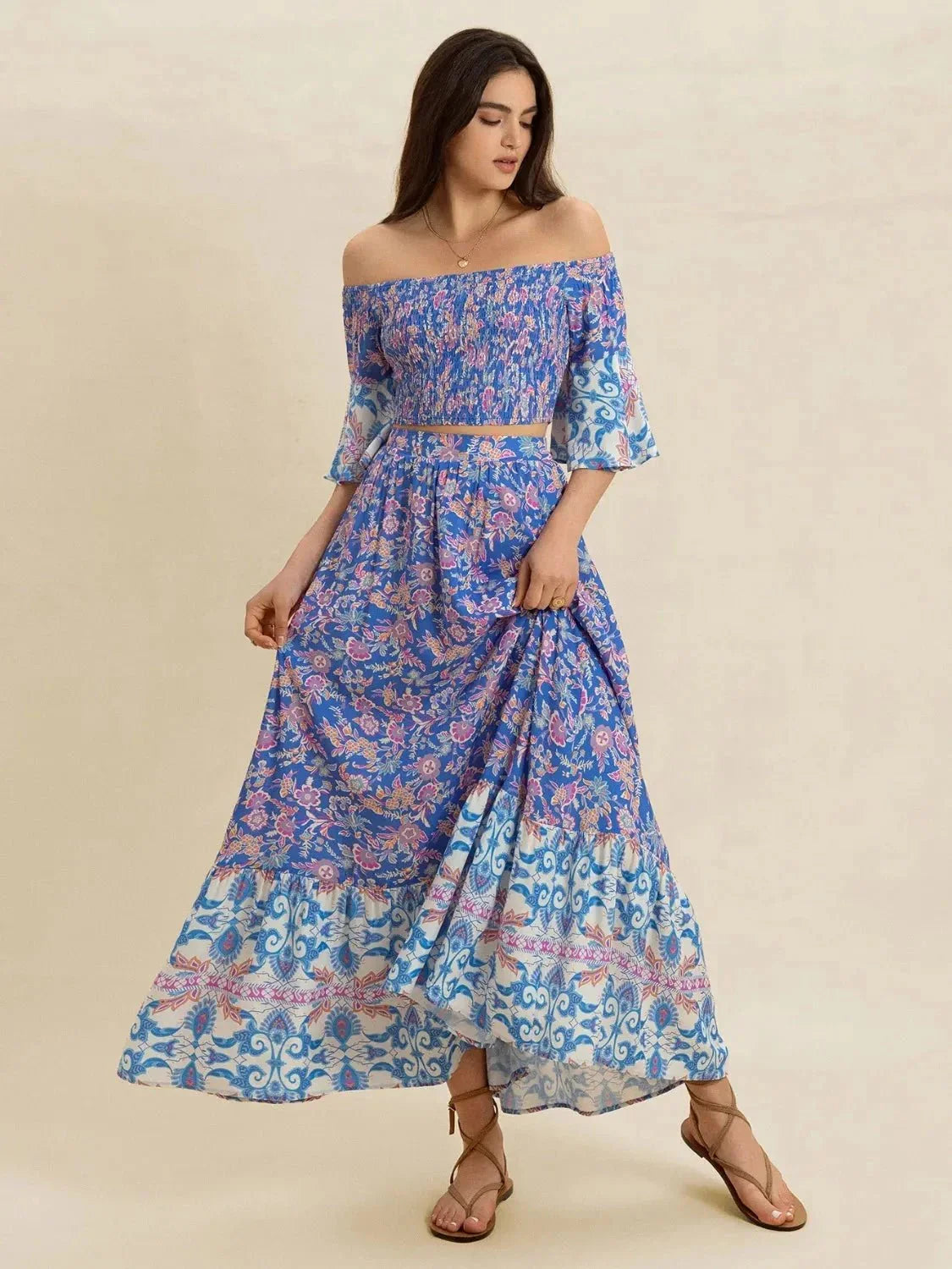 Smocked Off - Shoulder Printed Top and Skirt Set - VILLA FASHION